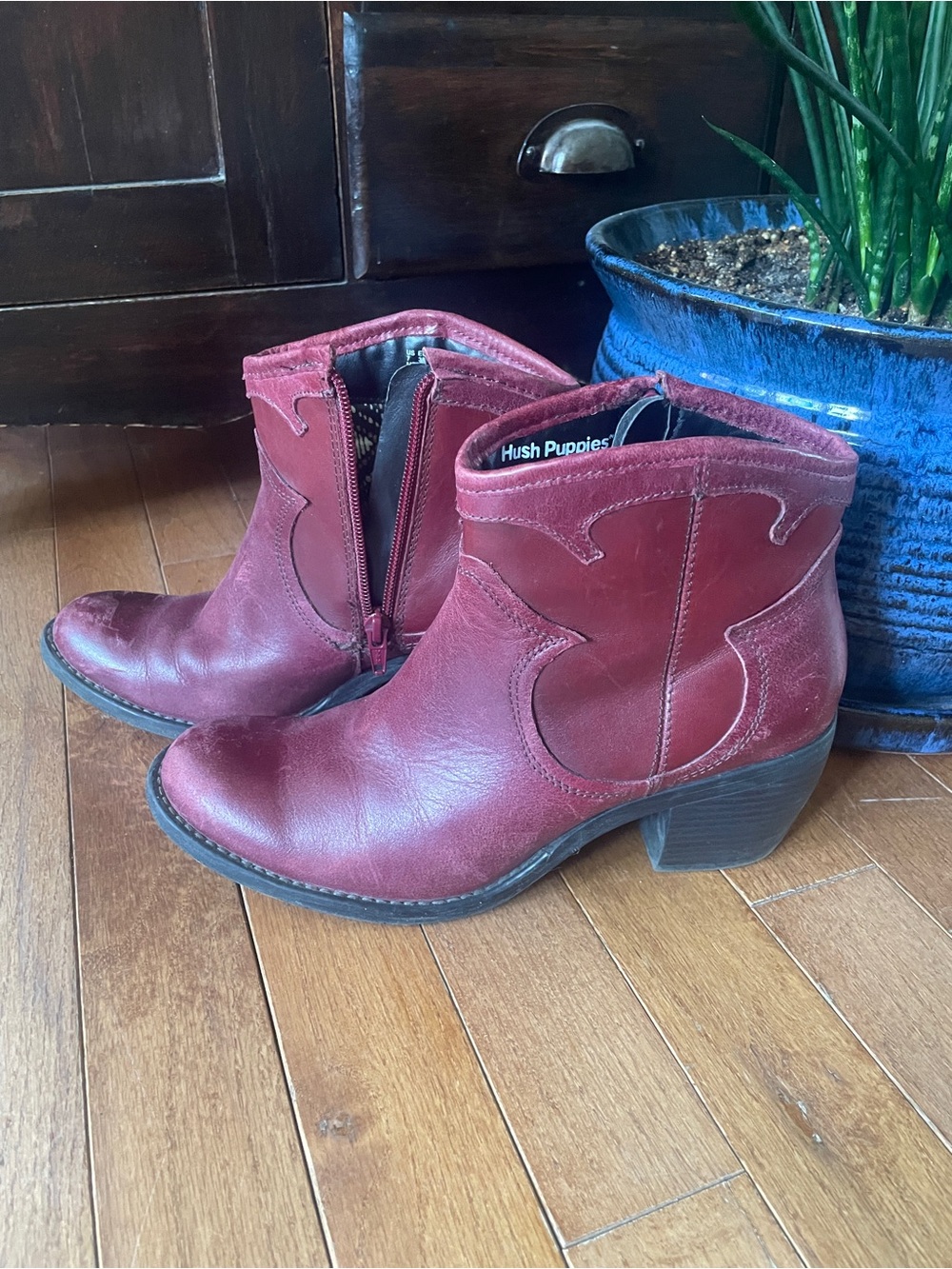 Hush Puppies Women's Burgundy Leather Western Ankle Boots